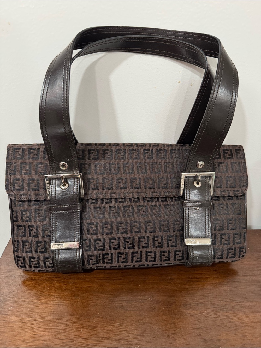 Fendi Brown FF Zucca Canvas Messenger Bag with Dark Brown Leather Trim